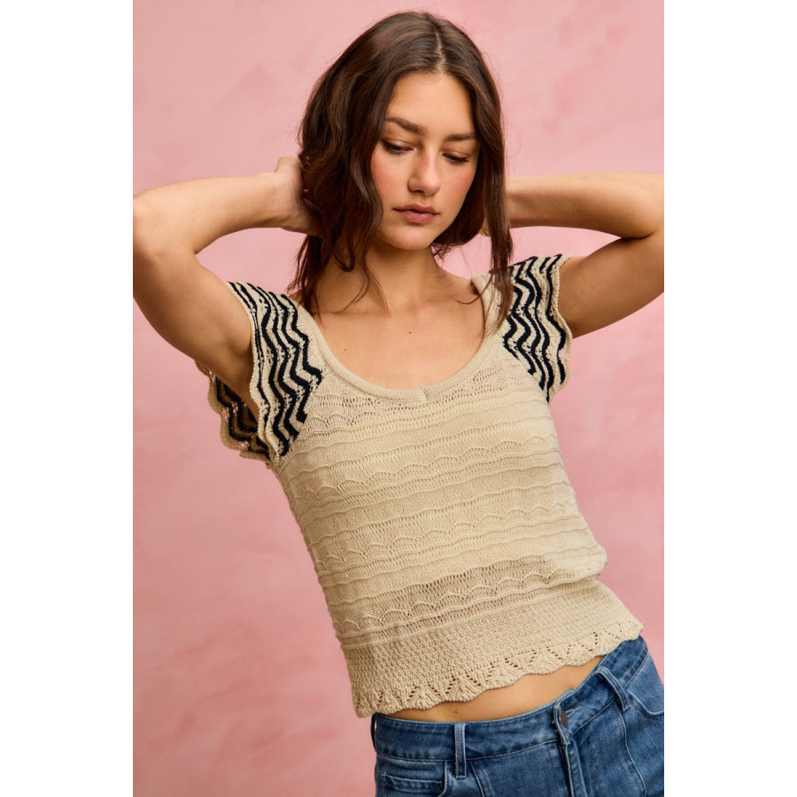 SO ME Wavy Textured Knit Top With Fluttered Sleeves Apparel and Accessories