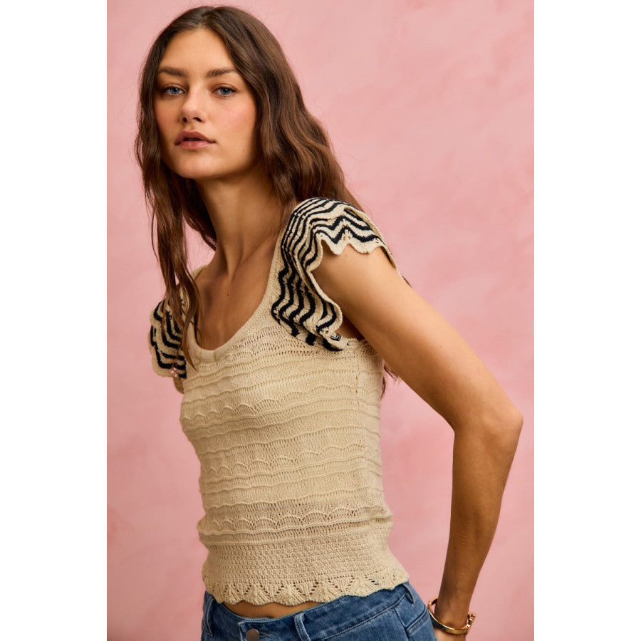 SO ME Wavy Textured Knit Top With Fluttered Sleeves Apparel and Accessories