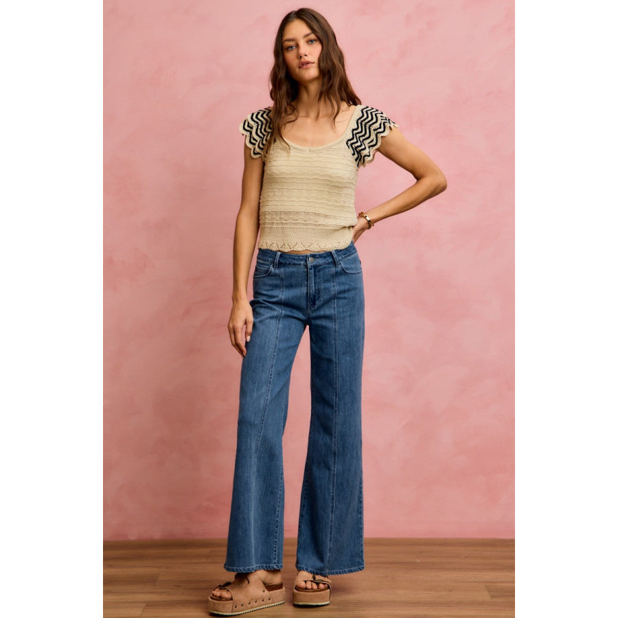 SO ME Wavy Textured Knit Top With Fluttered Sleeves Apparel and Accessories