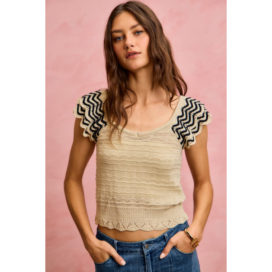 SO ME Wavy Textured Knit Top With Fluttered Sleeves Apparel and Accessories