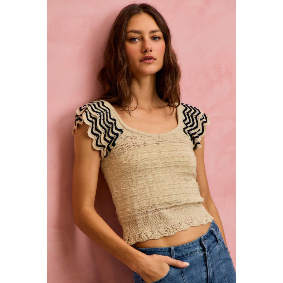 SO ME Wavy Textured Knit Top With Fluttered Sleeves OATMEAL/BLACK / S Apparel and Accessories