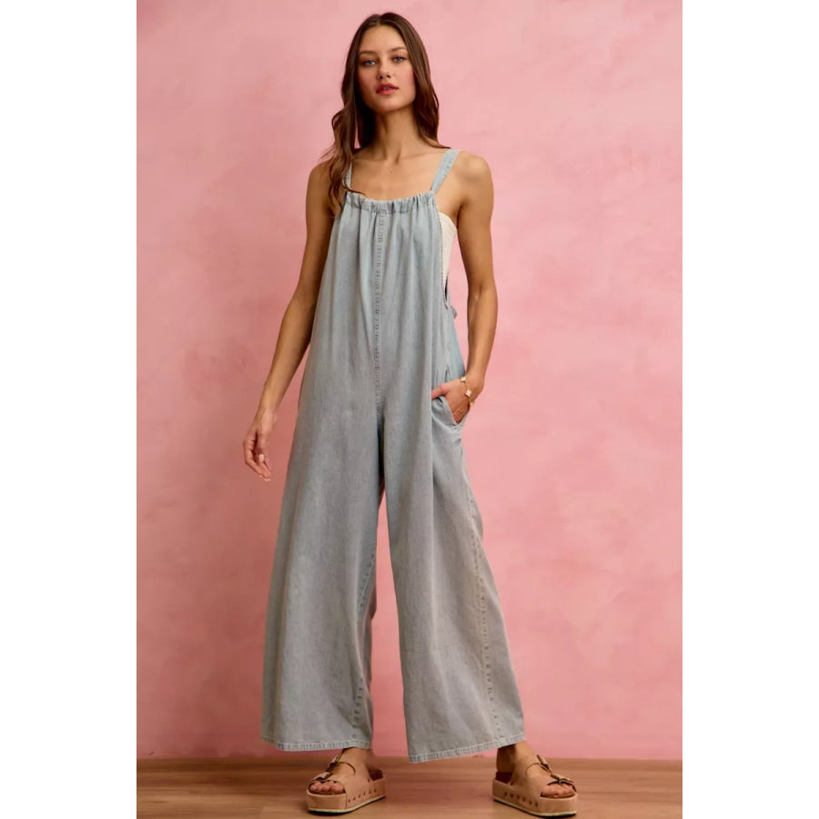 SO ME Wide Leg Lightweight Denim Overalls LIGHT DENIM / S Apparel and Accessories