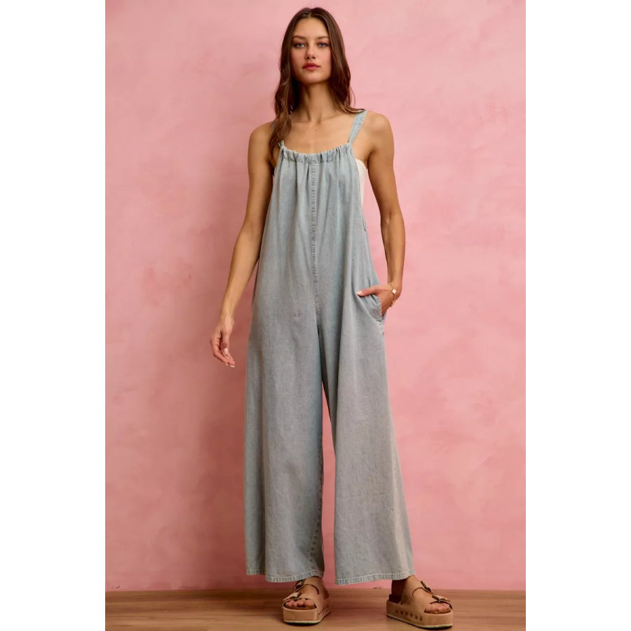 SO ME Wide Leg Lightweight Denim Overalls Apparel and Accessories