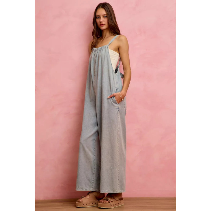SO ME Wide Leg Lightweight Denim Overalls Apparel and Accessories