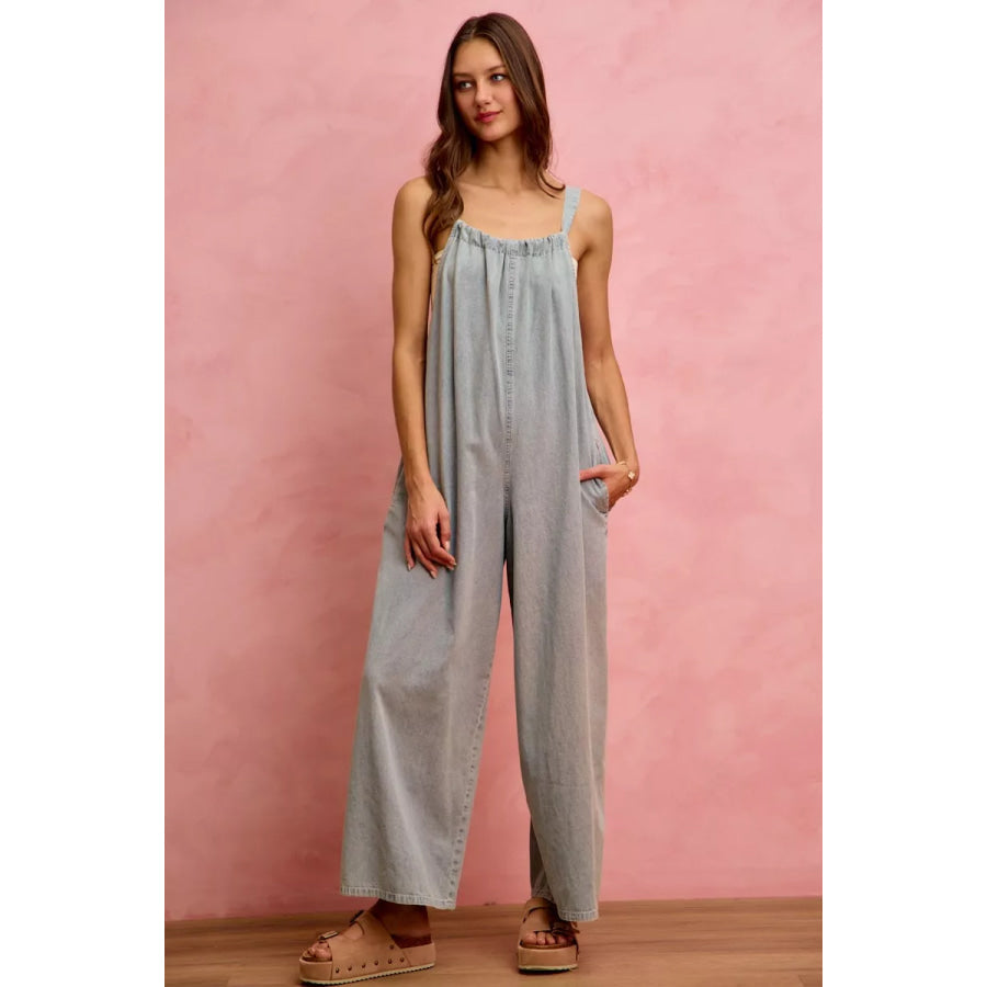 SO ME Wide Leg Lightweight Denim Overalls LIGHT DENIM / S Apparel and Accessories