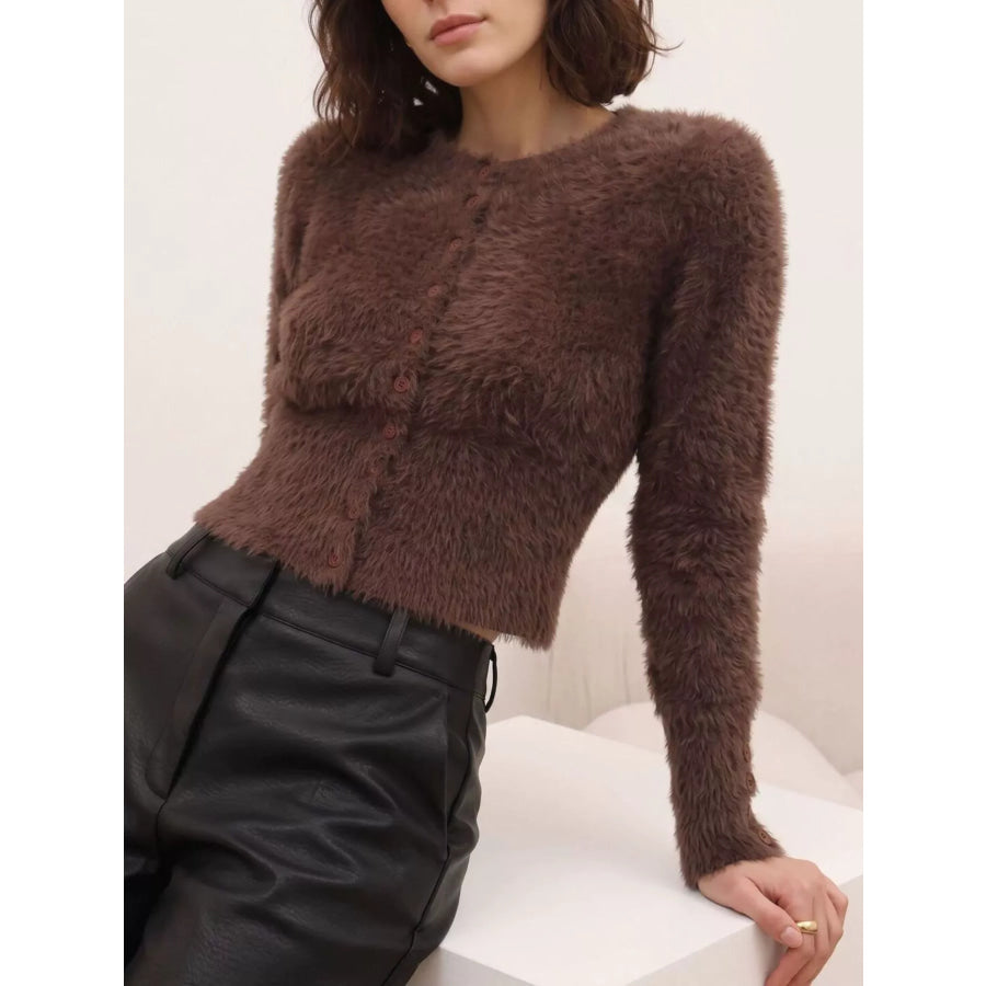 Soft Fuzzy Button-Down Cropped Cardigan Apparel and Accessories