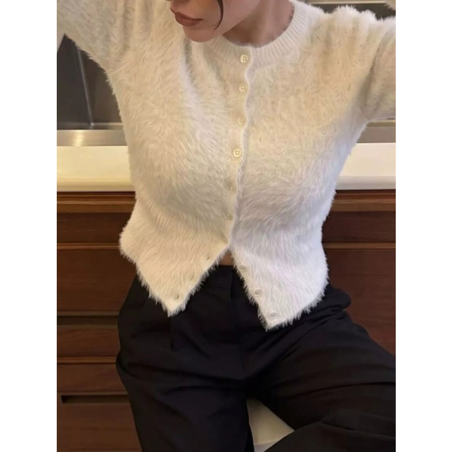 Soft Fuzzy Button-Down Cropped Cardigan Apparel and Accessories