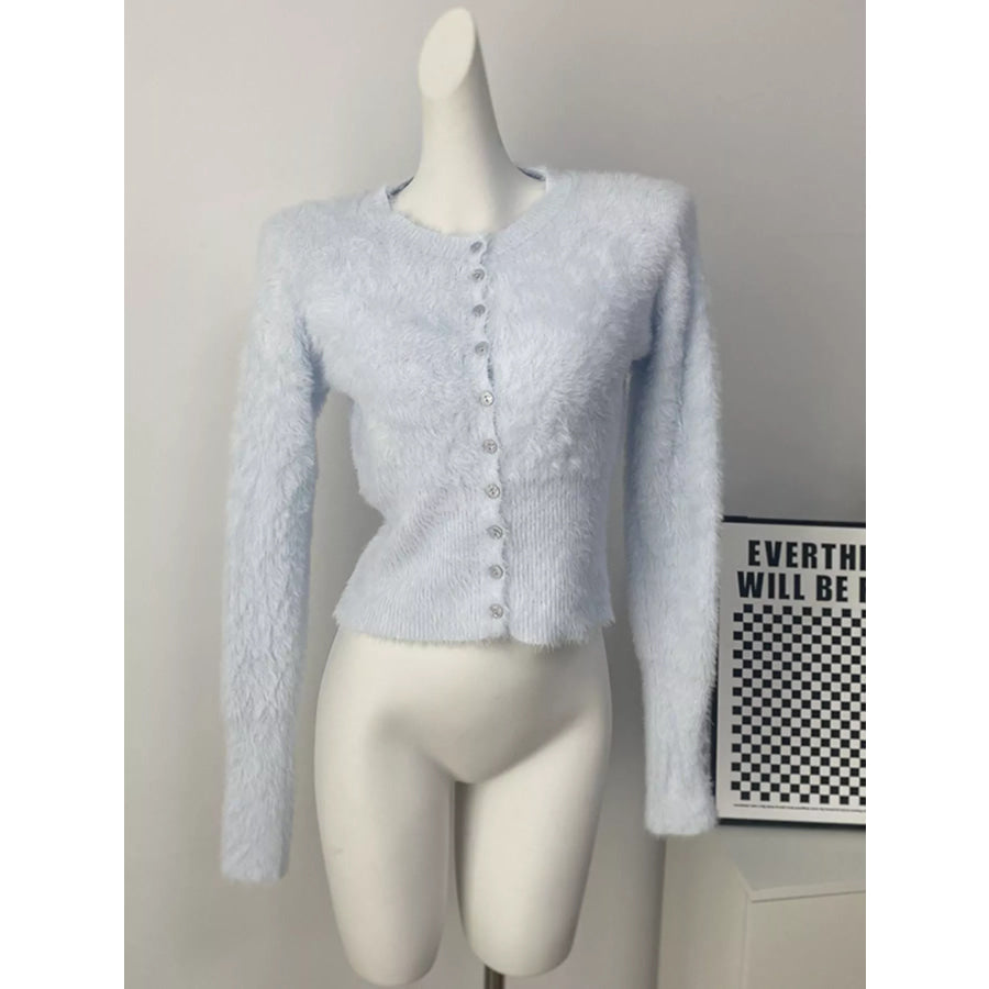 Soft Fuzzy Button-Down Cropped Cardigan Apparel and Accessories