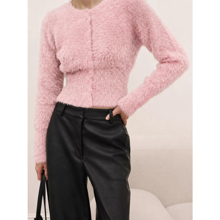 Soft Fuzzy Button-Down Cropped Cardigan Blush Pink / One Size Apparel and Accessories