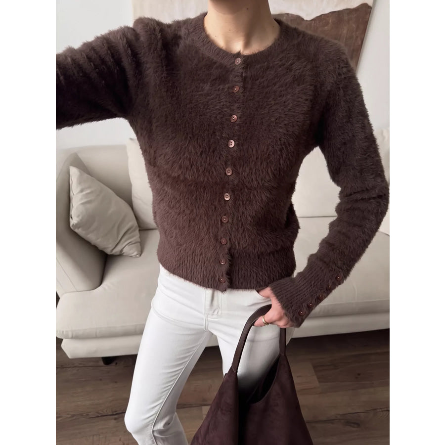 Soft Fuzzy Button-Down Cropped Cardigan Brown / One Size Apparel and Accessories