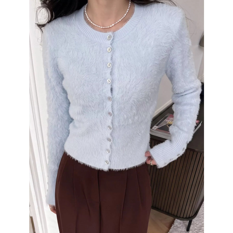 Soft Fuzzy Button-Down Cropped Cardigan Light Blue / One Size Apparel and Accessories