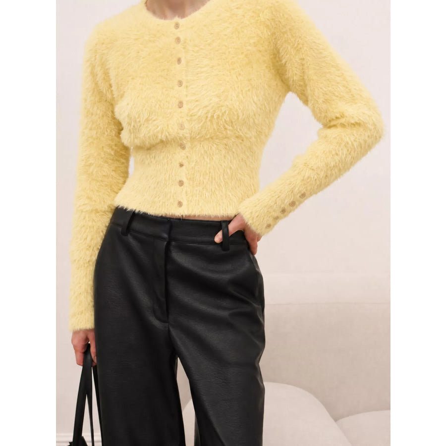 Soft Fuzzy Button-Down Cropped Cardigan Pastel Yellow / One Size Apparel and Accessories