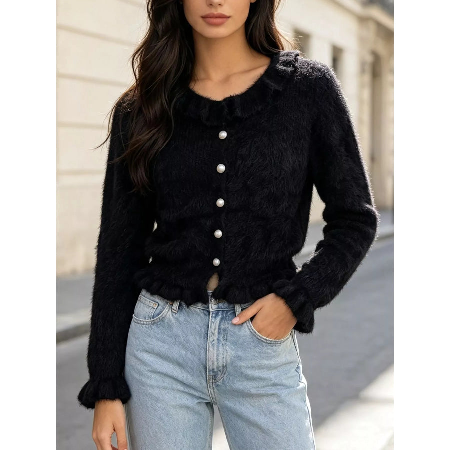 Soft Fuzzy Cardigan with Ruffled Collar and Pearl Buttons Apparel Accessories