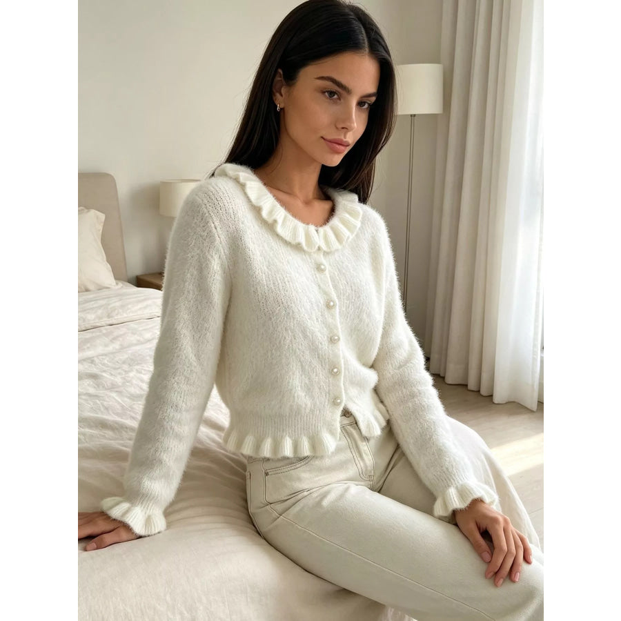 Soft Fuzzy Cardigan with Ruffled Collar and Pearl Buttons Apparel Accessories