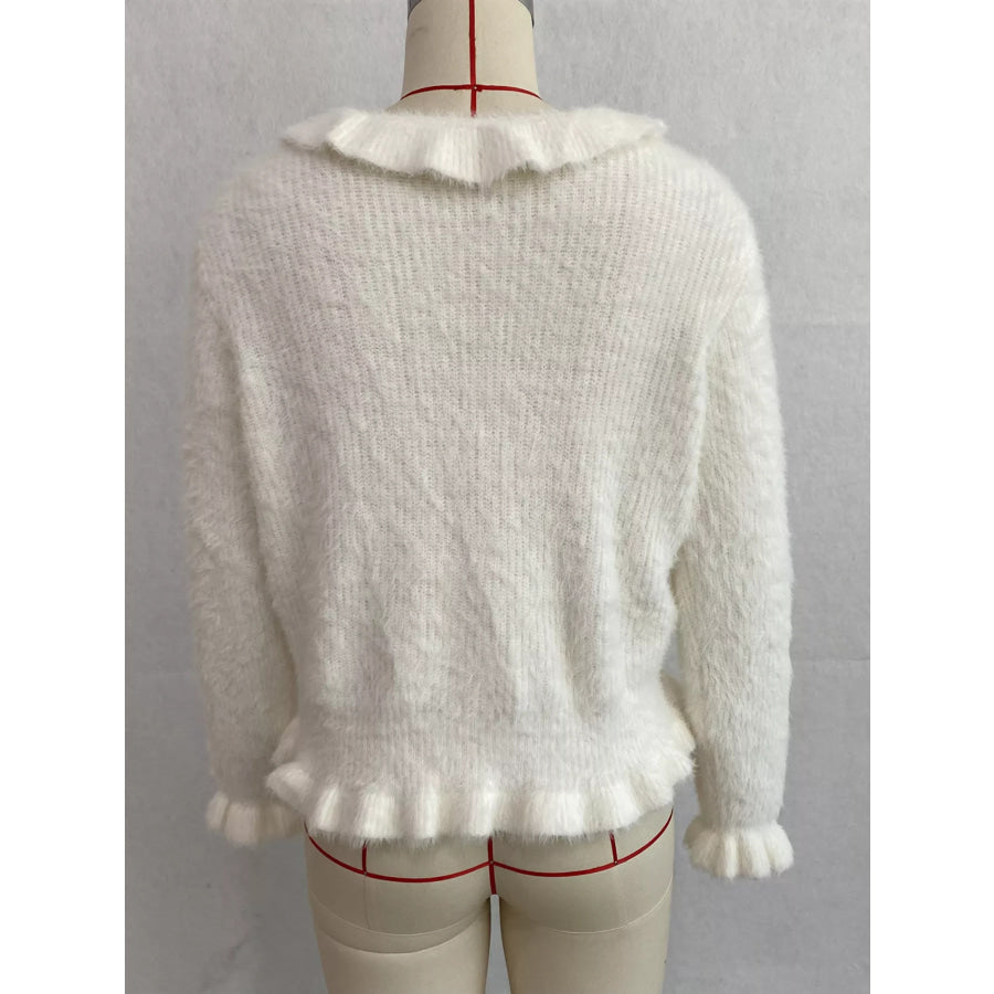 Soft Fuzzy Cardigan with Ruffled Collar and Pearl Buttons Apparel Accessories