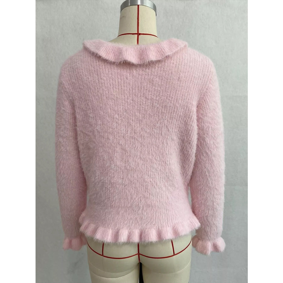 Soft Fuzzy Cardigan with Ruffled Collar and Pearl Buttons Apparel Accessories