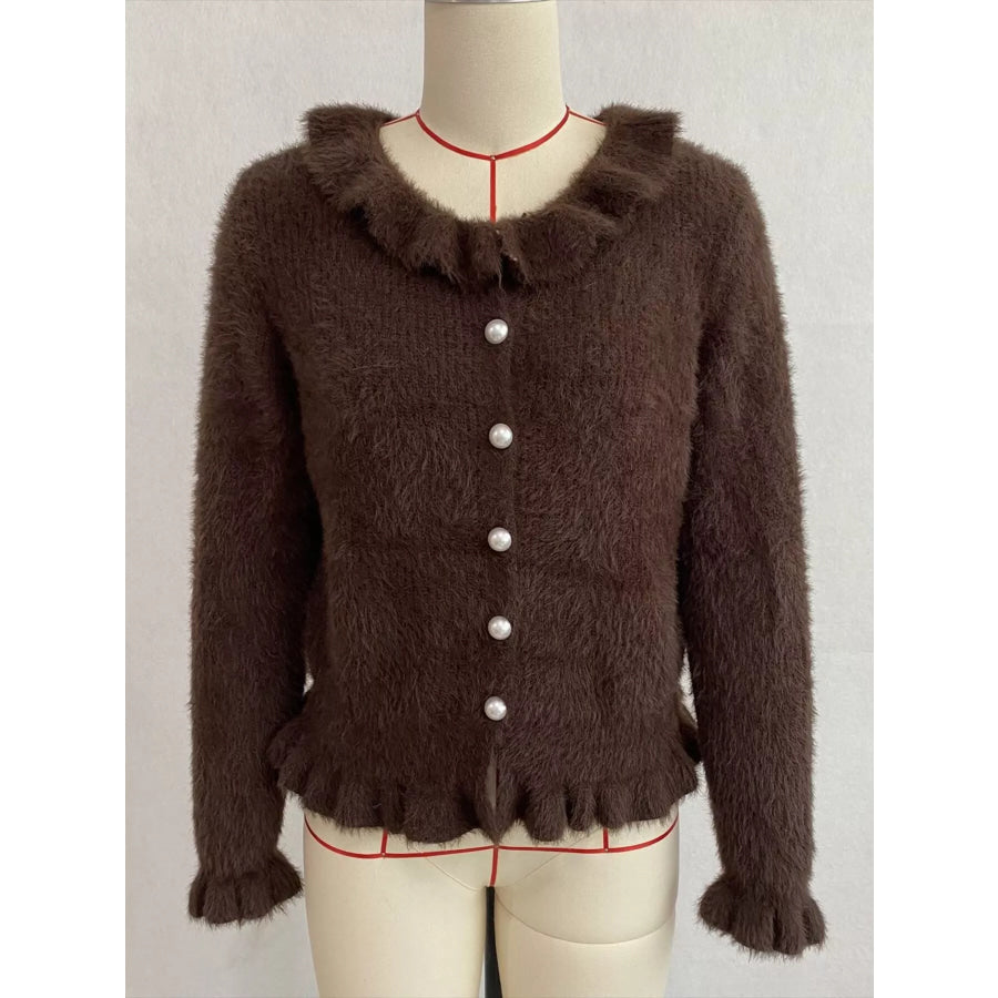 Soft Fuzzy Cardigan with Ruffled Collar and Pearl Buttons Apparel Accessories