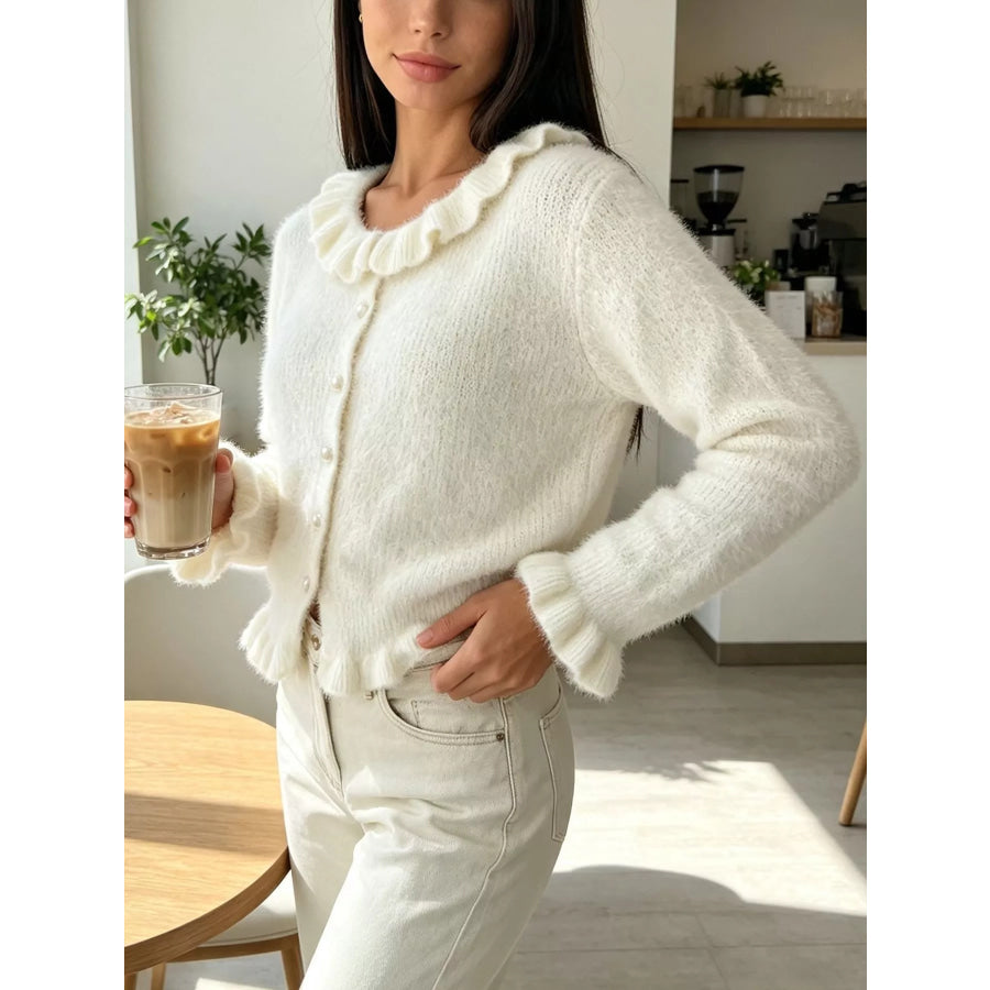 Soft Fuzzy Cardigan with Ruffled Collar and Pearl Buttons Apparel Accessories
