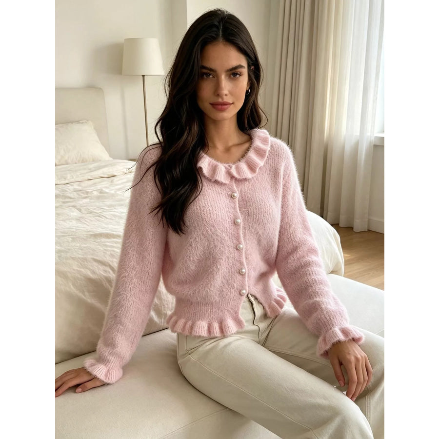 Soft Fuzzy Cardigan with Ruffled Collar and Pearl Buttons Apparel Accessories