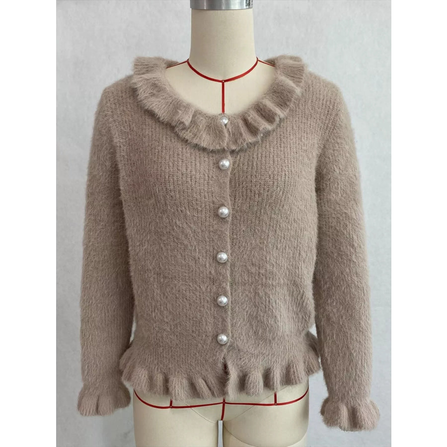 Soft Fuzzy Cardigan with Ruffled Collar and Pearl Buttons Apparel Accessories
