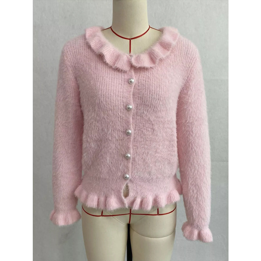 Soft Fuzzy Cardigan with Ruffled Collar and Pearl Buttons Apparel Accessories