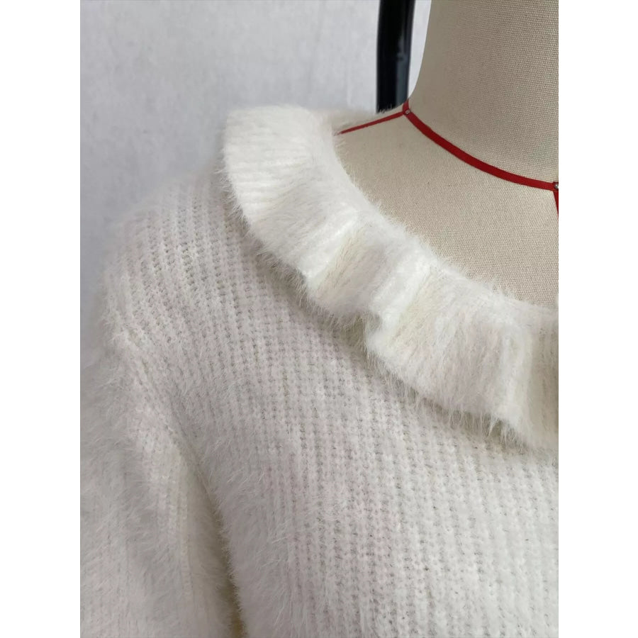 Soft Fuzzy Cardigan with Ruffled Collar and Pearl Buttons Apparel Accessories
