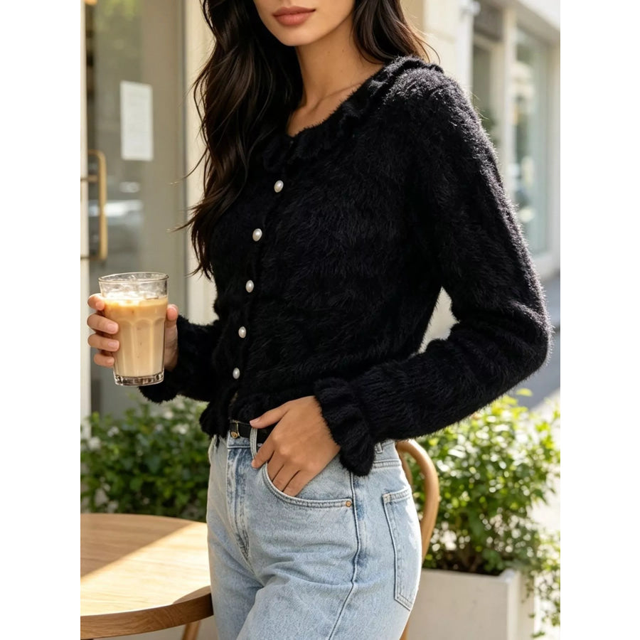 Soft Fuzzy Cardigan with Ruffled Collar and Pearl Buttons Apparel Accessories