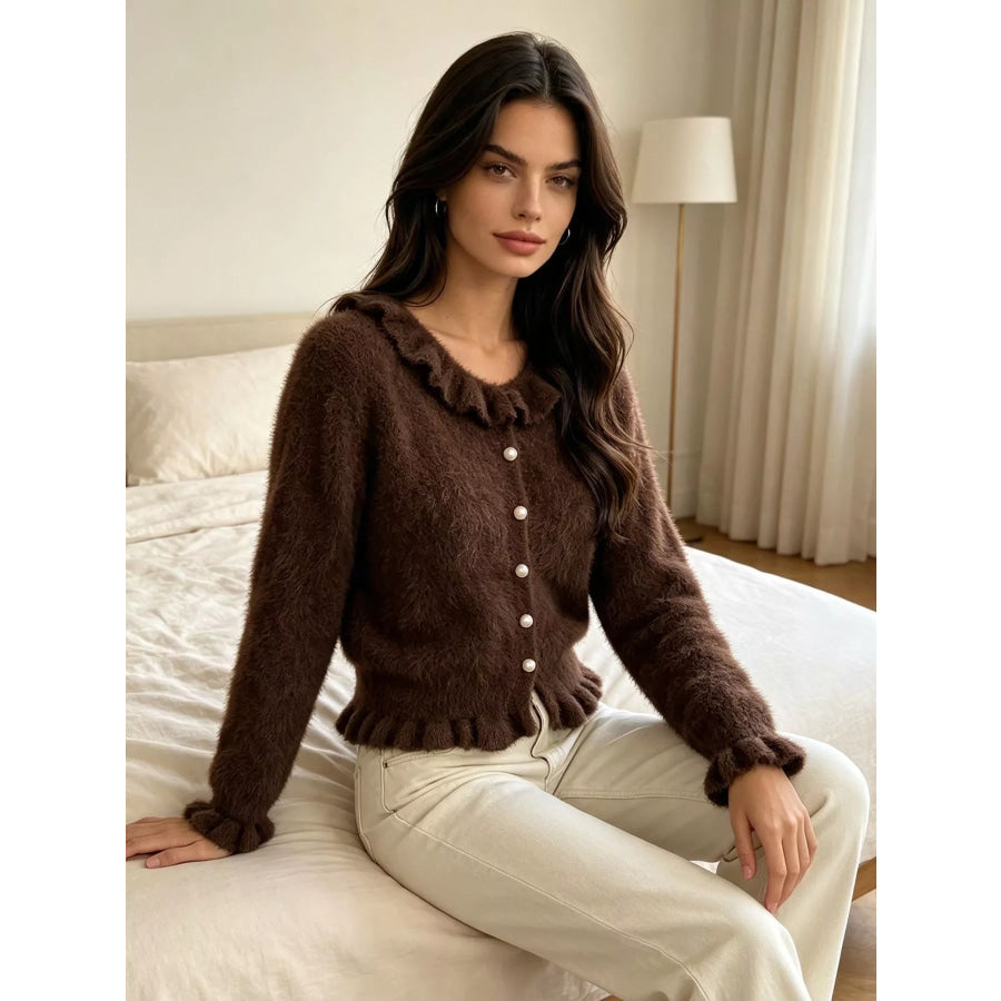 Soft Fuzzy Cardigan with Ruffled Collar and Pearl Buttons Apparel Accessories