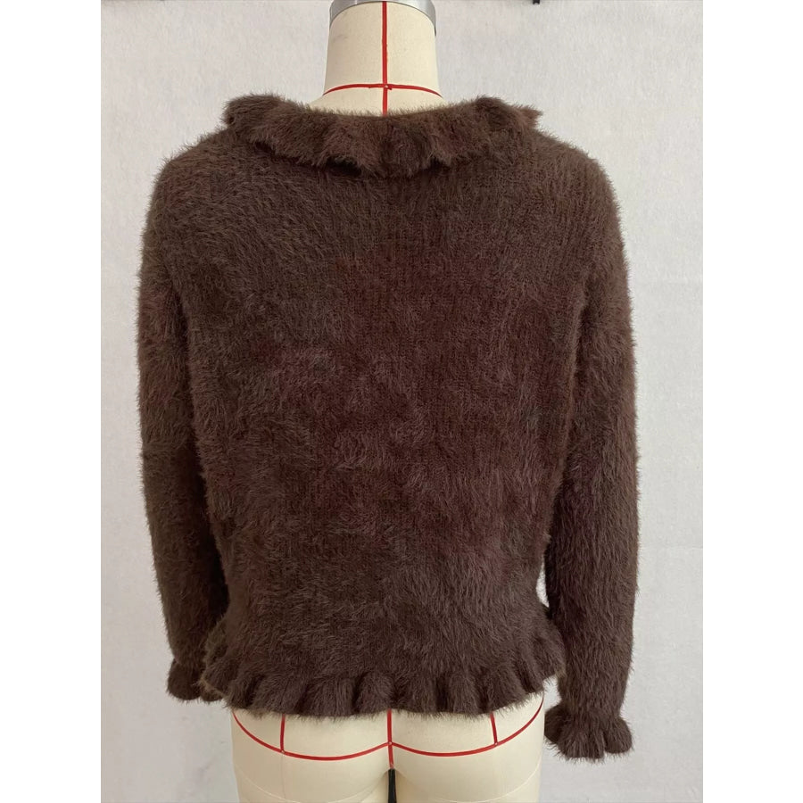 Soft Fuzzy Cardigan with Ruffled Collar and Pearl Buttons Apparel Accessories
