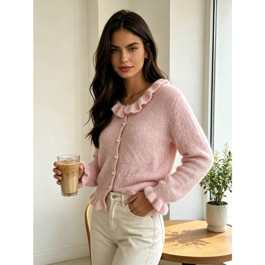 Soft Fuzzy Cardigan with Ruffled Collar and Pearl Buttons Apparel Accessories