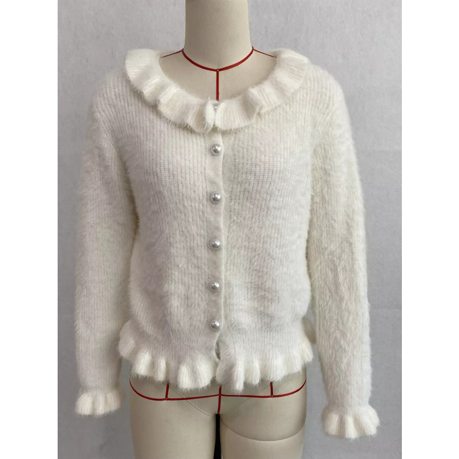 Soft Fuzzy Cardigan with Ruffled Collar and Pearl Buttons Apparel Accessories