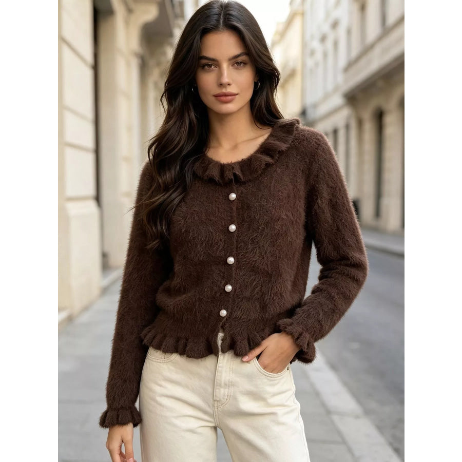 Soft Fuzzy Cardigan with Ruffled Collar and Pearl Buttons Apparel Accessories