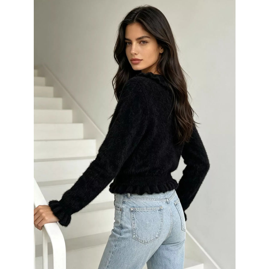 Soft Fuzzy Cardigan with Ruffled Collar and Pearl Buttons Apparel Accessories