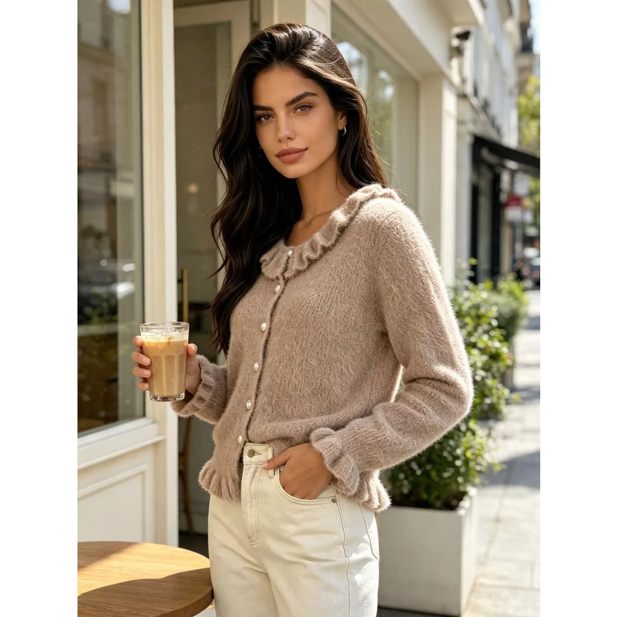 Soft Fuzzy Cardigan with Ruffled Collar and Pearl Buttons Apparel Accessories