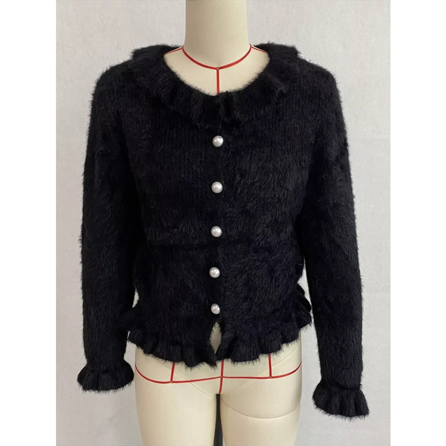 Soft Fuzzy Cardigan with Ruffled Collar and Pearl Buttons Apparel Accessories