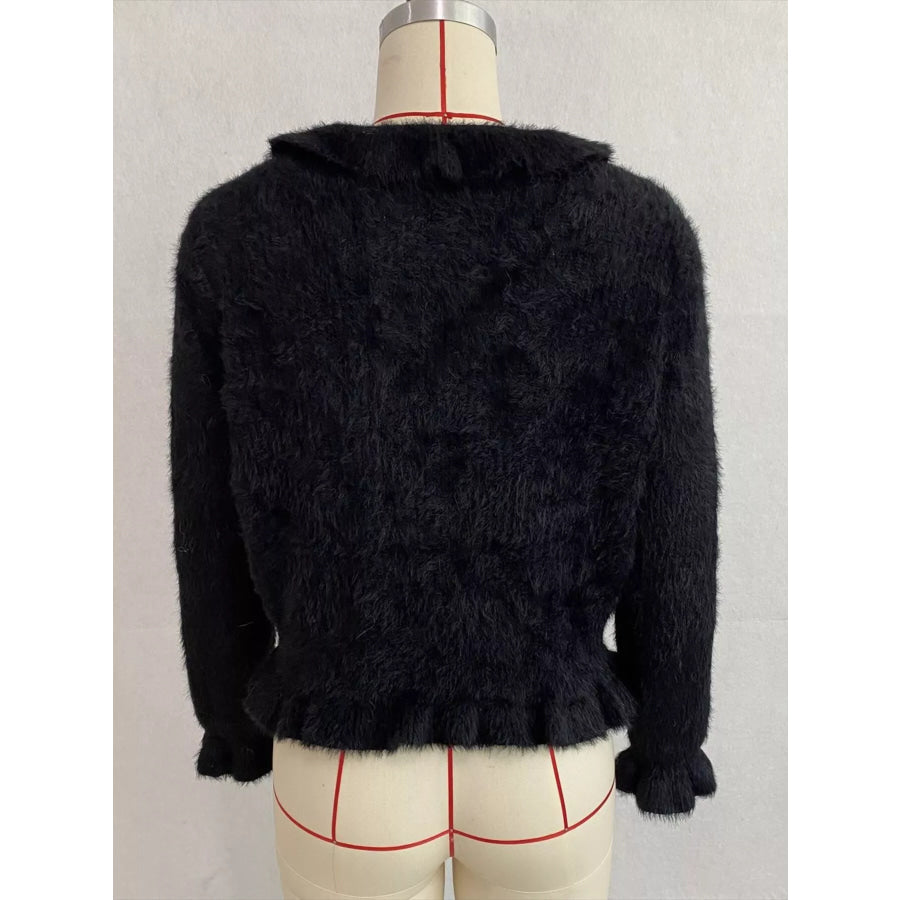 Soft Fuzzy Cardigan with Ruffled Collar and Pearl Buttons Apparel Accessories