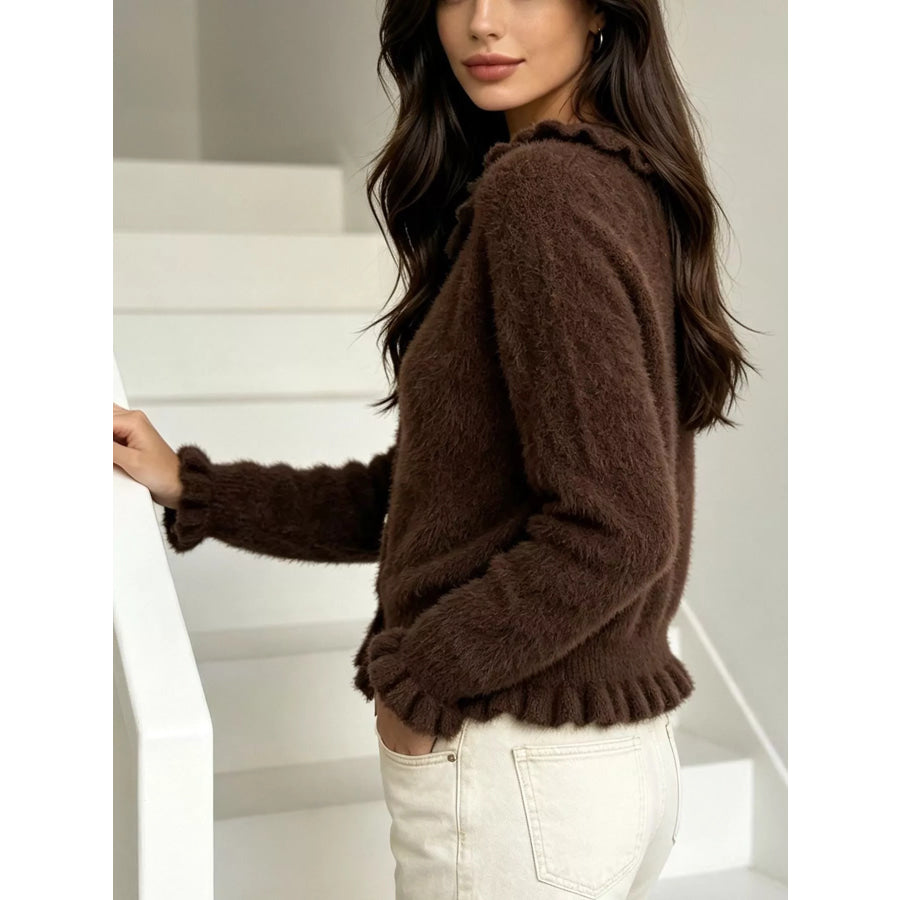 Soft Fuzzy Cardigan with Ruffled Collar and Pearl Buttons Apparel Accessories