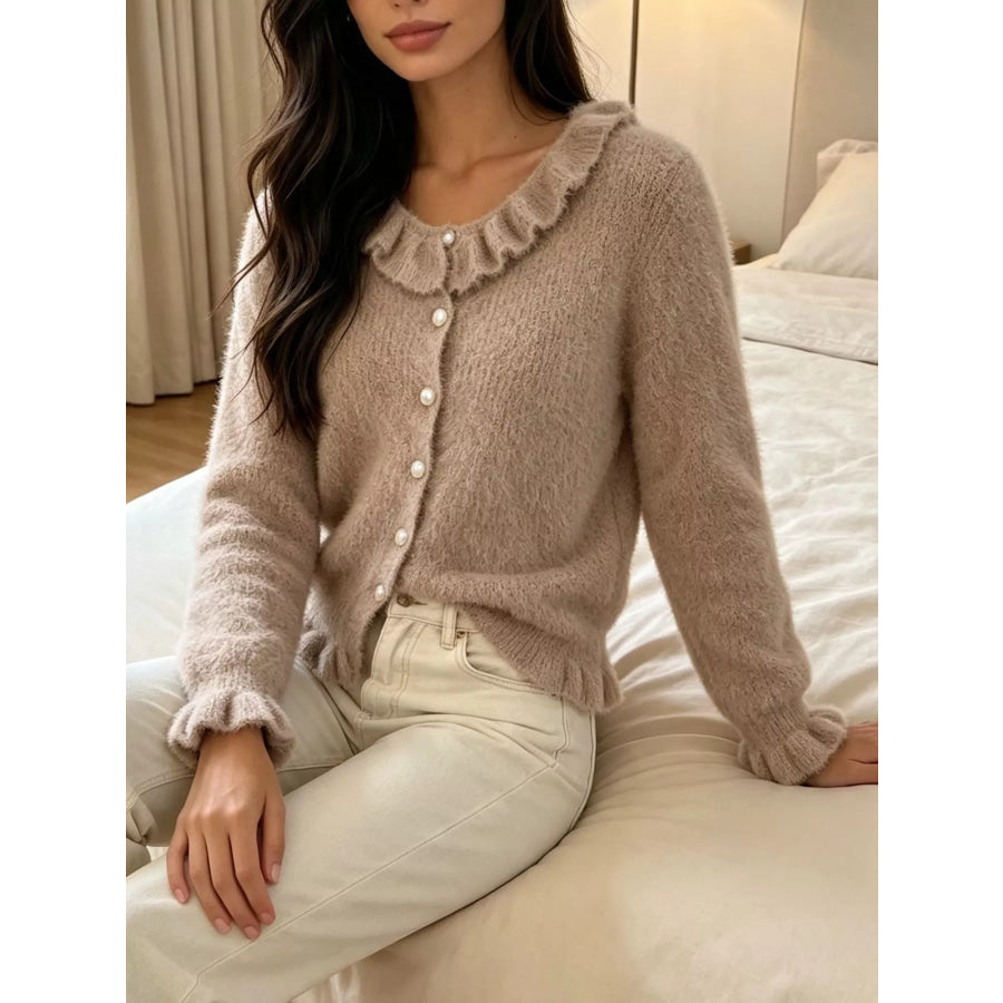 Soft Fuzzy Cardigan with Ruffled Collar and Pearl Buttons Apparel Accessories