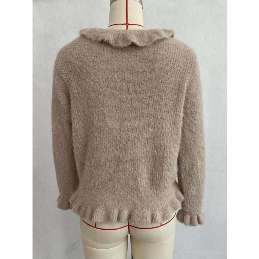 Soft Fuzzy Cardigan with Ruffled Collar and Pearl Buttons Apparel Accessories