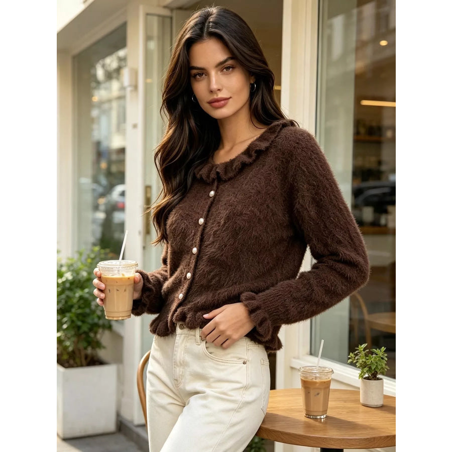 Soft Fuzzy Cardigan with Ruffled Collar and Pearl Buttons Brown / One Size Apparel Accessories