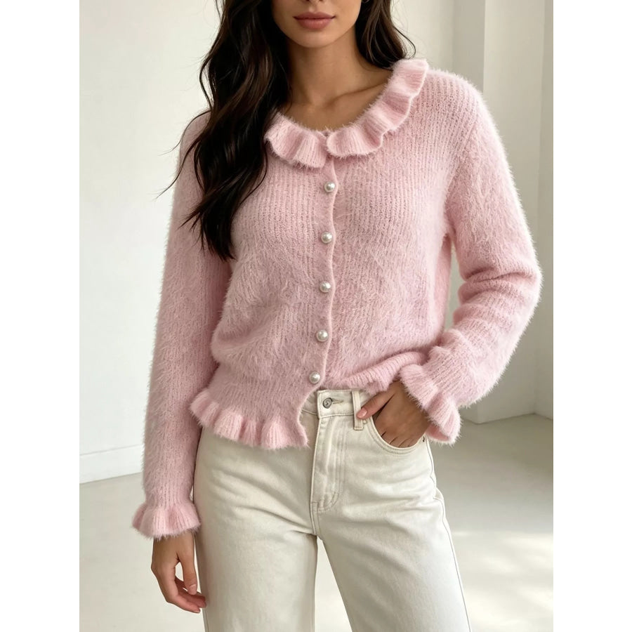 Soft Fuzzy Cardigan with Ruffled Collar and Pearl Buttons Pink / One Size Apparel Accessories