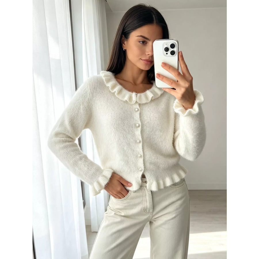 Soft Fuzzy Cardigan with Ruffled Collar and Pearl Buttons White / One Size Apparel Accessories
