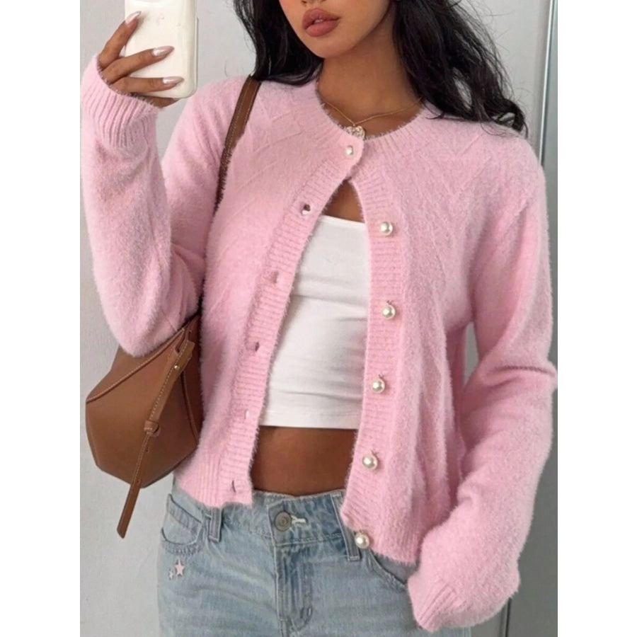 Soft Fuzzy Texture Cardigan with Pearl Buttons Pink / S