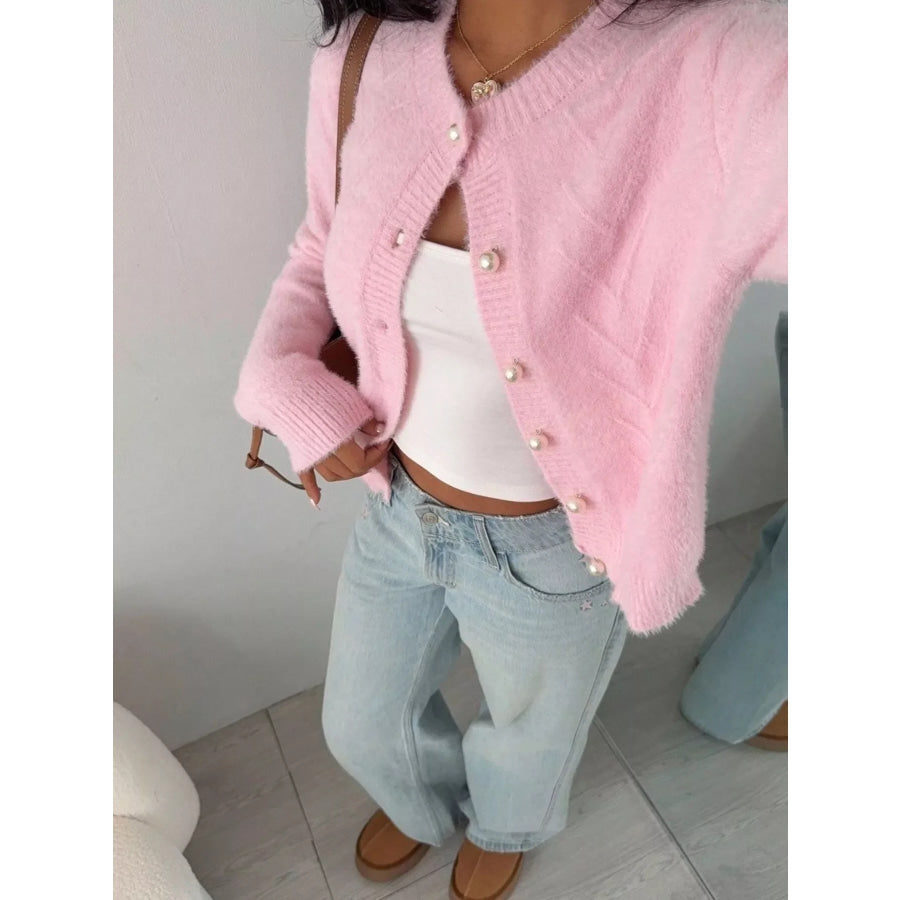 Soft Fuzzy Texture Cardigan with Pearl Buttons