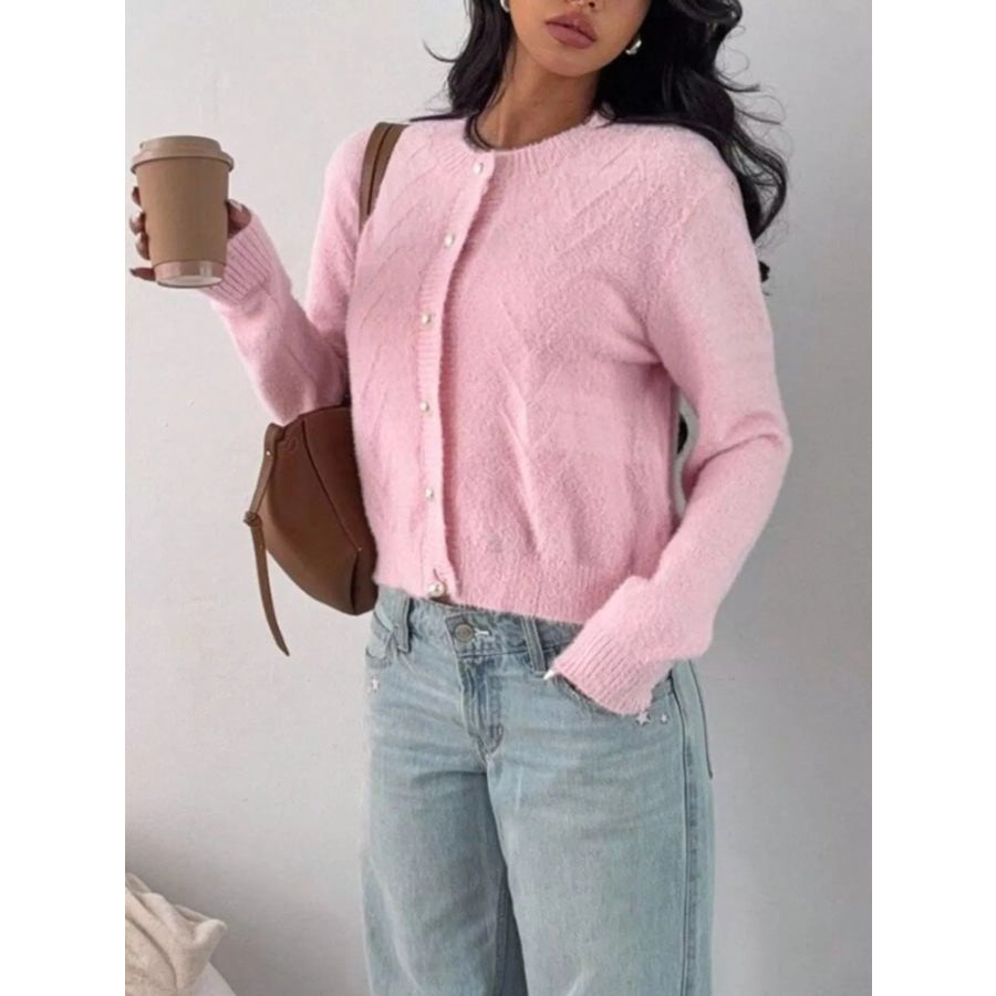 Soft Fuzzy Texture Cardigan with Pearl Buttons