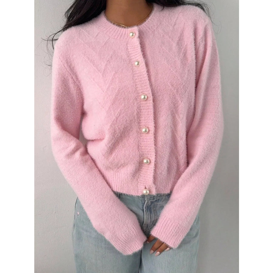 Soft Fuzzy Texture Cardigan with Pearl Buttons