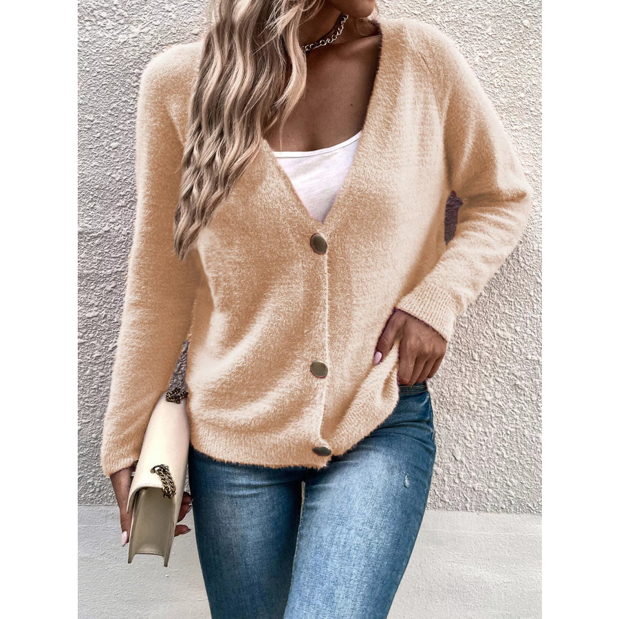 Soft Fuzzy V-Neck Button-Down Cardigan Apricot / S Apparel and Accessories