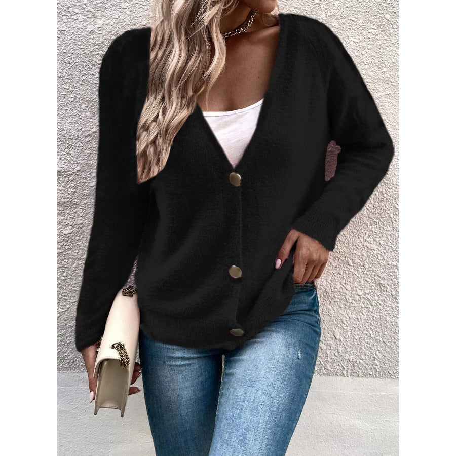 Soft Fuzzy V-Neck Button-Down Cardigan Black / S Apparel and Accessories