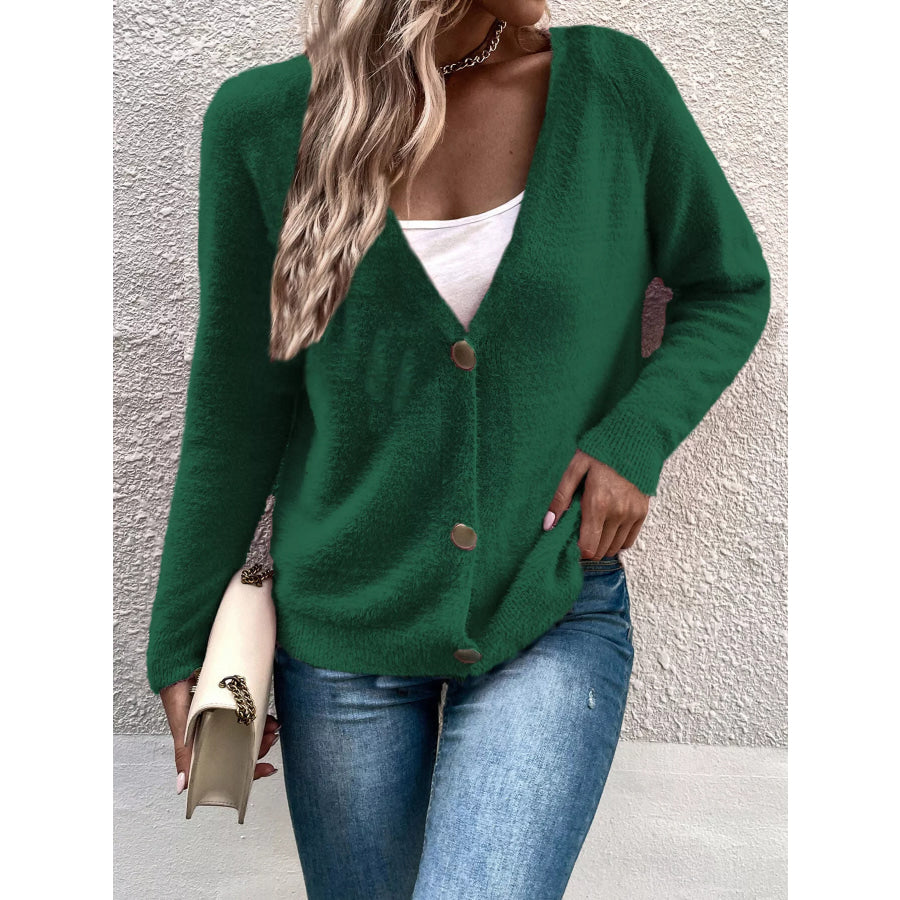 Soft Fuzzy V-Neck Button-Down Cardigan Dark Green / S Apparel and Accessories