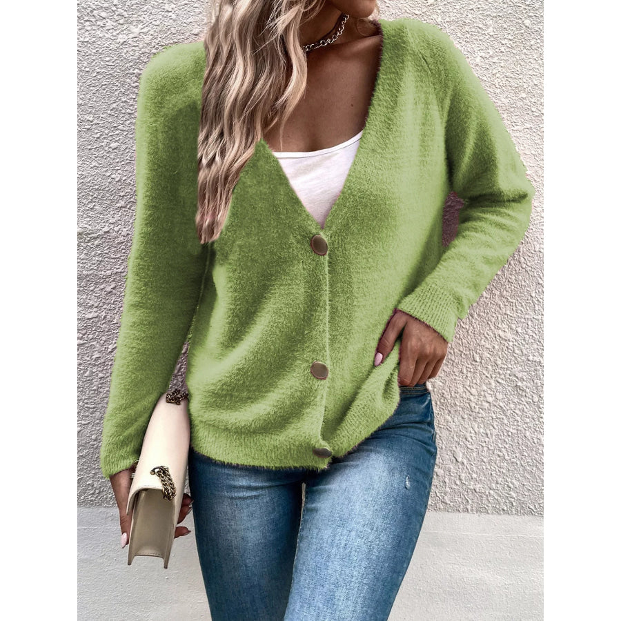 Soft Fuzzy V-Neck Button-Down Cardigan Lime / S Apparel and Accessories